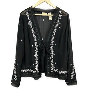 YZZA Sheer Embroidered Cardigan Kimono Tie Front Black Size 14